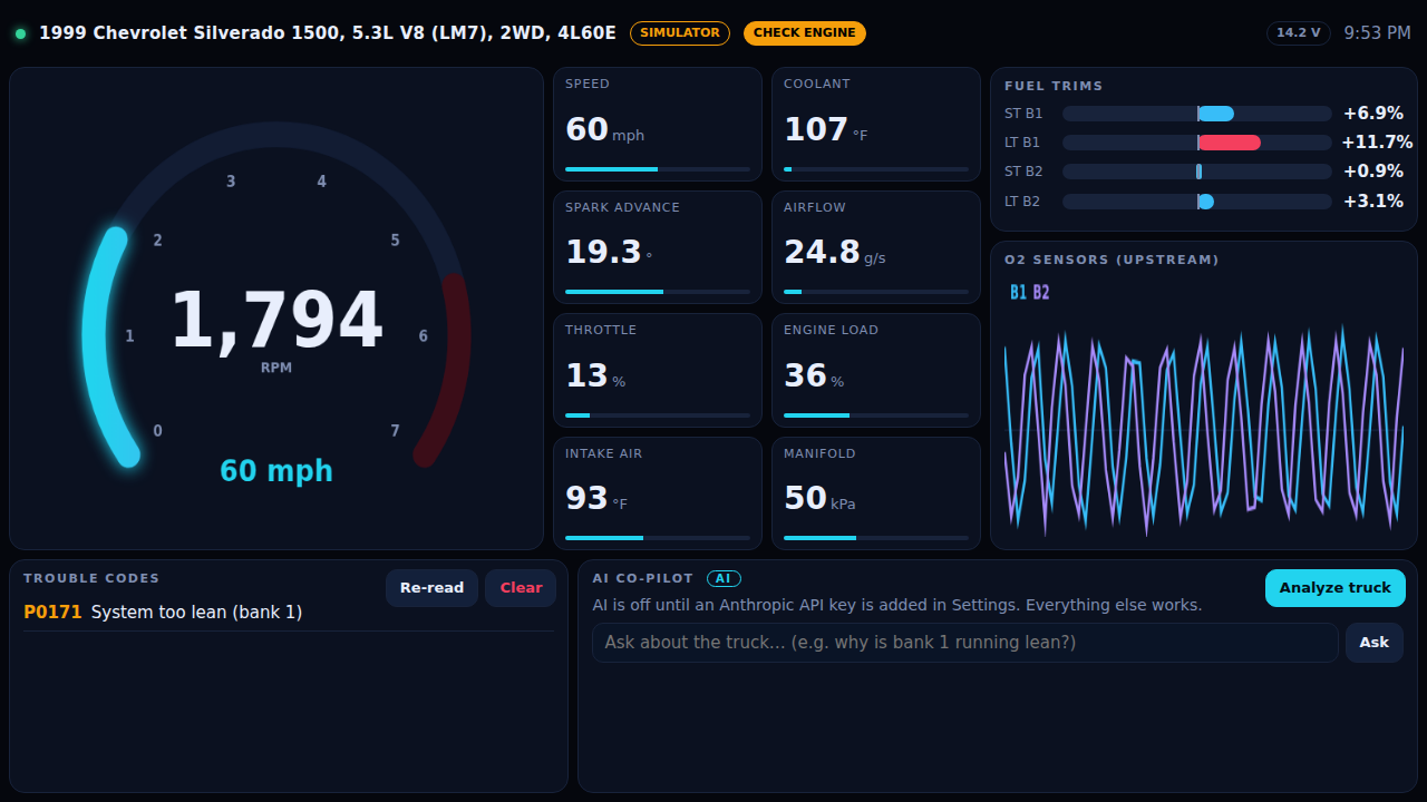 Driftpoint Dash showing a big RPM gauge, live engine readings, fuel trims, O2 sensor traces, a stored P0171 code and the AI co-pilot panel